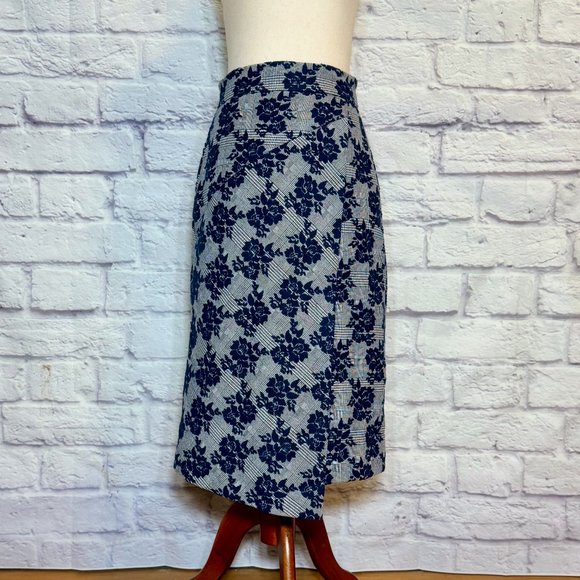 Halogen Navy Blue Houndstooth Faux Wrap Midi Skirt - Picture 1 of 7